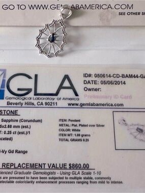 Genuine Blue Sapphire Spider Web Pendant GLA Certified Platinum Plated Silver